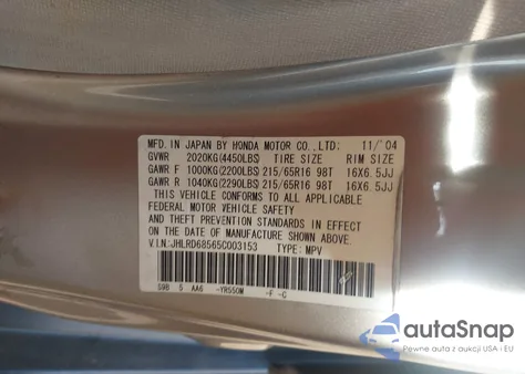 2005 Honda Cr-V Lx from USA, damaged, VIN JHLRD68565C003153